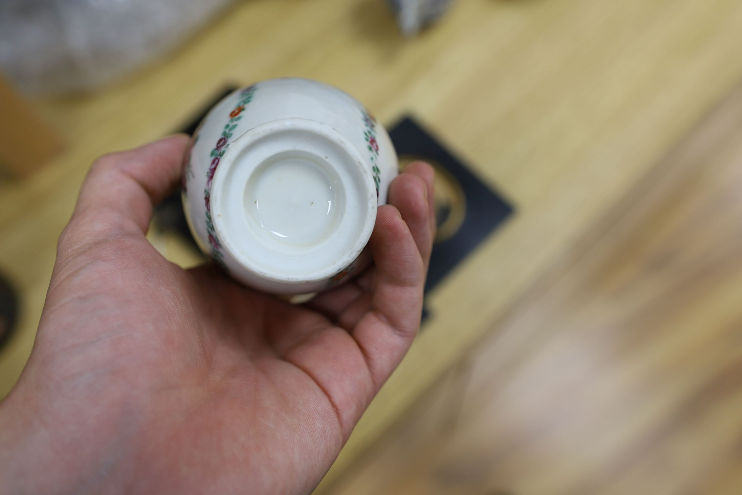A selection of 18th century Chinese export wares, to include a teapot, tea bowls, saucers etc., some matching, tallest 16cm, (10)